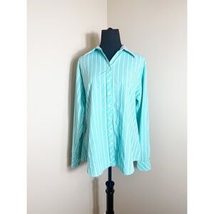 Vintage 1990s LILLY PULITZER Women Shirt 16 Button Up Long Sleeve Teal Stripe